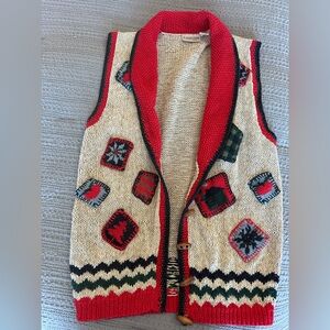 Vintage Red and Cream Holiday Christmas Knit Vest Patterned Patches